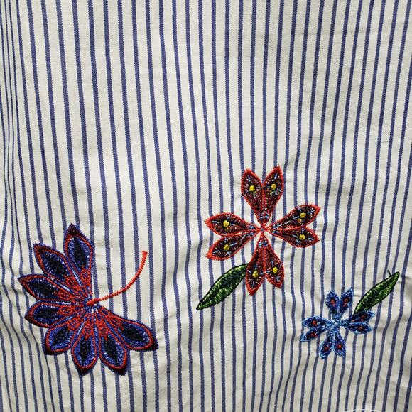 Eloquii Blouse Tunic Top Plus14 Blue White Pinstriped Floral Embroidered Boho - Picture 6 of 14